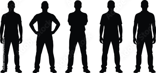 Men silhouettes vector illustration, standing male profile shadows, black and white figure set, full body posture graphic, male stance design