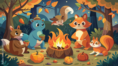 A charming gathering of woodland animals around a cozy campfire, surrounded by vibrant autumn foliage.
