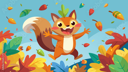 A cheerful cartoon squirrel, with oversized ears and a big smile, joyfully leaps among colorful autumn leaves.
