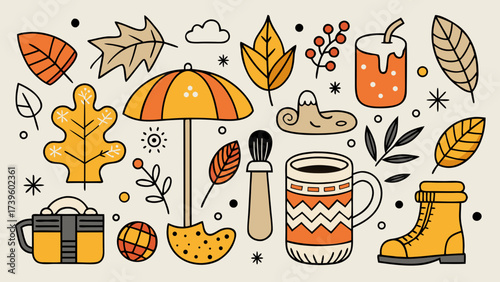 A vibrant autumn-themed illustration with leaves, mugs, boots, and cozy elements celebrating the fall season.