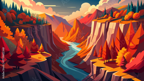 Vibrant autumn landscape featuring a winding river through colorful cliffs and trees under a twilight sky.