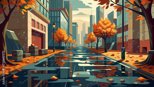 A serene urban street bathed in autumn colors, showcasing vibrant orange leaves and reflective puddles.