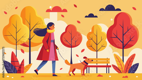 A woman walks her dog through a vibrant autumn park filled with colorful trees.