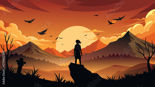 A silhouette of a child standing on a rock at sunset, surrounded by mountains and birds, evoking feelings of wonder and adventure.