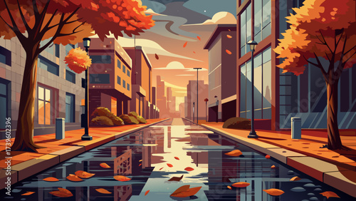 A vibrant street scene at dusk, showcasing colorful autumn leaves and reflections in a tranquil waterway.