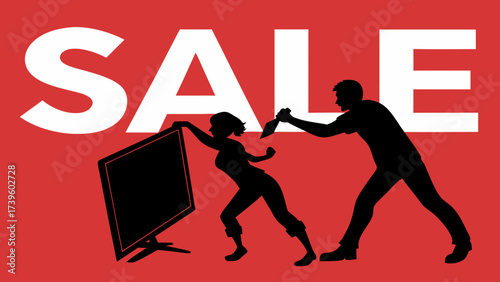 Dynamic silhouettes of a woman and man competing for a TV during a lively sale event.