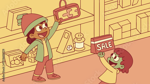 Two joyful children, one with darker skin and one with lighter skin, excitedly hold up toy boxes in a bright, animated store.