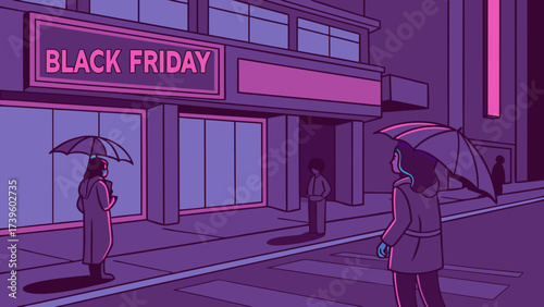 A diverse group of shoppers with umbrellas waiting outside a store on Black Friday evening, immersed in purple hues.