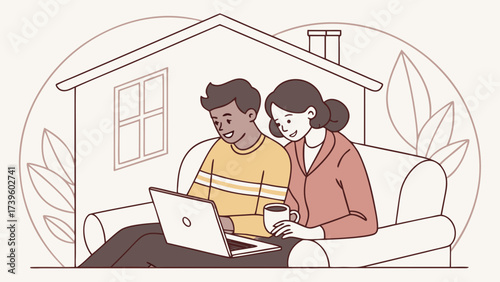 A happy African American man and a Caucasian woman enjoy a cozy moment on a sofa, working together with a laptop at home.