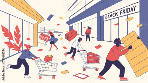 A vibrant illustration of diverse shoppers rushing during Black Friday sales, showcasing excitement and energy.