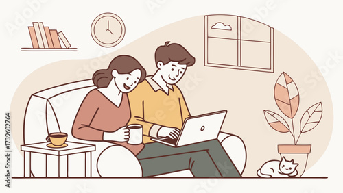 A young couple enjoys a cozy afternoon at home, working on a laptop while sipping beverages and relaxing with their cat.