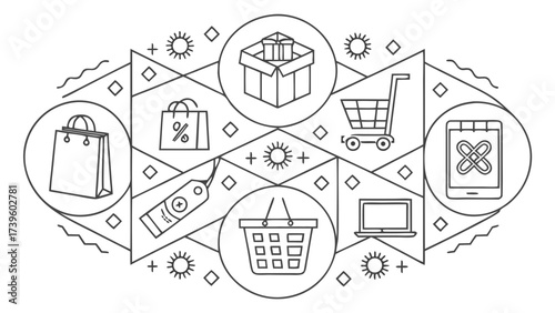 Illustration of various shopping elements, including a shopping cart, bags, and discount symbols, all in a minimalist style.