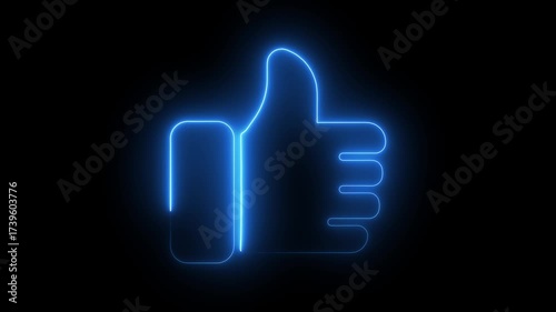 Glowing blue neon thumbs up icon animation on black background digital art abstract symbol of approval and success