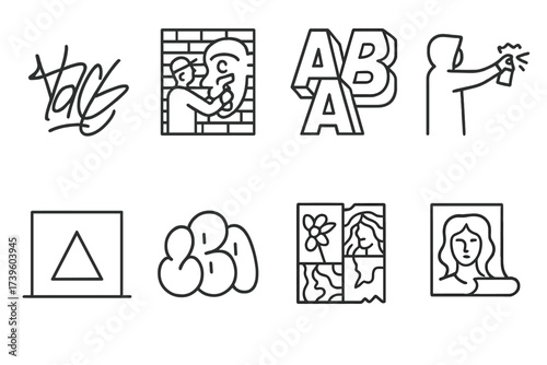 Global Street Art Icons. Line style icons of street art styles by region: NYC tag, Berlin mural, São Paulo letters, London stencil