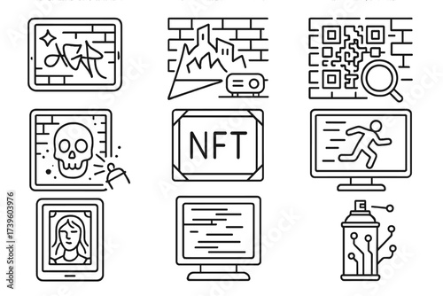 Digital Street Art Icons. Line style icons of digital street art elements: AR mural tag, projection graffiti, QR tag, digital