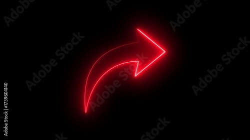 Glowing red neon arrow pointing right and curving upwards on a dark background abstract motion graphic element directional indicator