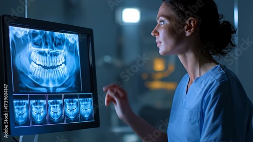 Focused woman dentist looking at high-resolution dental x-rays on screen, futuristic medical diagnostics concept.