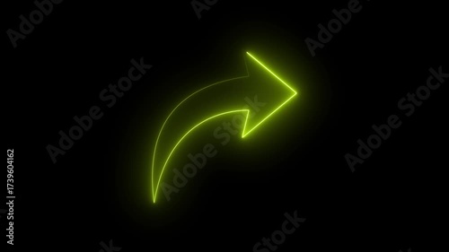 Neon yellow arrow curve right glowing on black background abstract digital animation motion graphic directional indicator progress forward movement concept