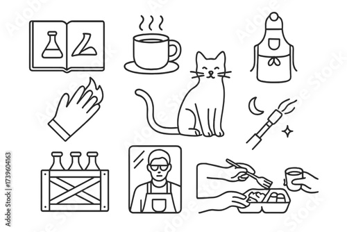 Glassblower's Iconic Life. Line style icons of glassblower lifestyle: glass sketchbook, hot shop coffee, apron on hook, burnt