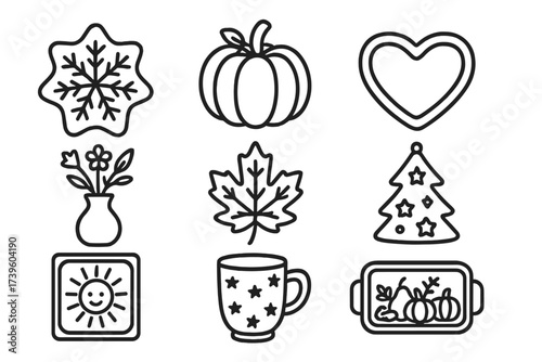 Seasonal Ceramic Icons. Line style icons of seasonal ceramic decor: snowflake dish, pumpkin jar, heart-shaped bowl, spring flower