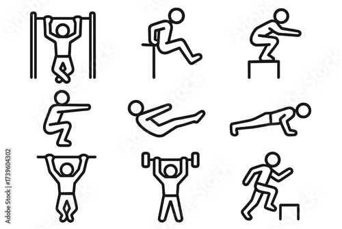 Parkour Training Icons. Line style icons of parkour strength training: pull-up bar, wall dips, box jump, pistol squat, core hold,