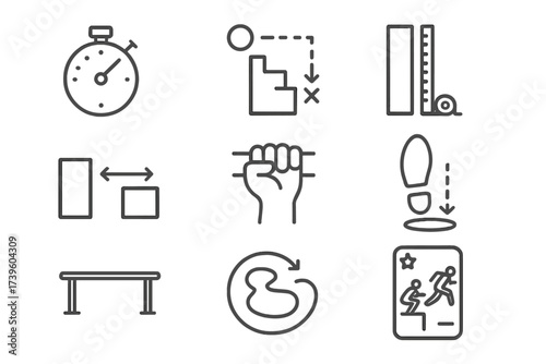 Parkour Challenge Icons. Line style icons of parkour challenge icons: obstacle timer, route diagram, wall height, jump distance,