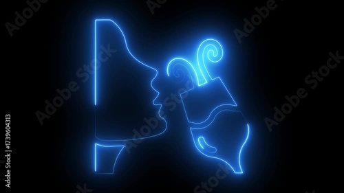 Abstract blue neon outline of a human profile and a swirling element against a dark background representing creativity thought or imagination