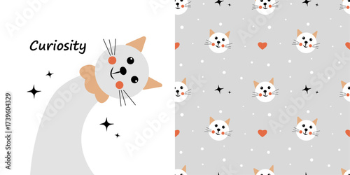 Curious cat on a white background. Seamless Baby Pattern with Cats on Gray Background
