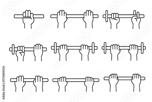 Barbell Grip Icons. Line style icons of barbell grip types: hook grip, clean grip, snatch grip, mixed grip, wide grip, narrow grip