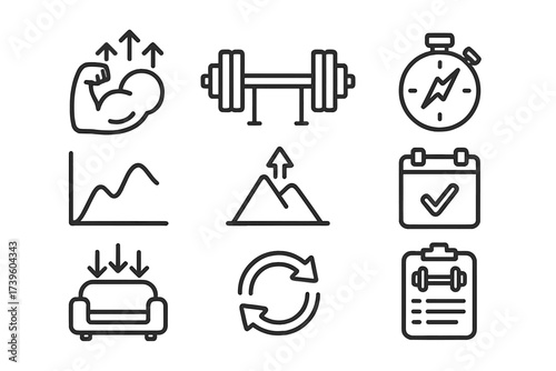 Training Phases Icons. Line style icons of periodized training phases: hypertrophy phase, strength block, power development, taper