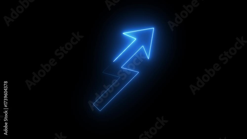 Blue neon lightning bolt arrow abstract motion graphic upward trend energy symbol dark background blue neon arrow