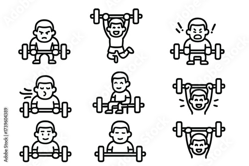 Lifter Emotion Icons. Line style icons of lifter emotions: pre-lift focus, celebration jump, angry scream, deep breath, relaxed
