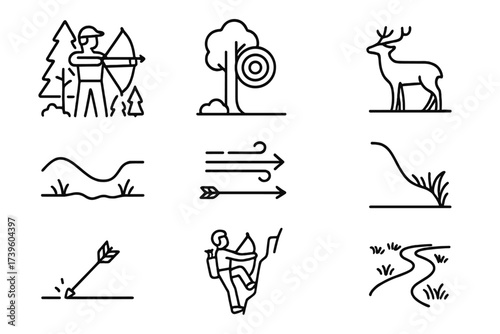 Archery in Nature Icons. Line style icons of archery in nature: archer in forest, target on tree, animal silhouette, uneven