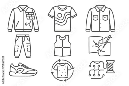 Futuristic Sustainable Fashion Icons. Line style icons of futuristic sustainable clothing: solar panel jacket, algae-based fabric,