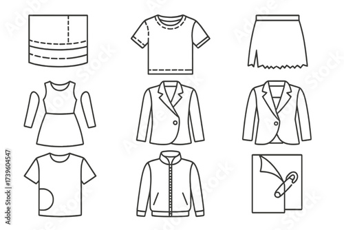Fashion Deconstruction Icons. Line style icons of fashion deconstruction: visible seams, inside-out garment, unfinished hem,