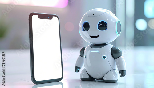 Adorable white AI robot assistant standing next to a mobile phone with a blank screen, a futuristic concept for smart technology and communication
