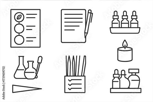 Perfumer's Desk Essentials. Line style icons of perfumer’s desk: aroma notes chart, notebook and pen, oil vial tray, glassware set