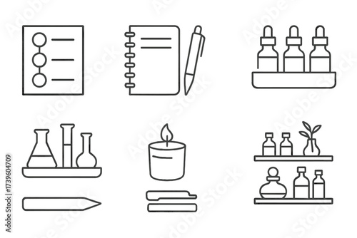 Perfumer's Desk Essentials. Line style icons of perfumer’s desk: aroma notes chart, notebook and pen, oil vial tray, glassware set