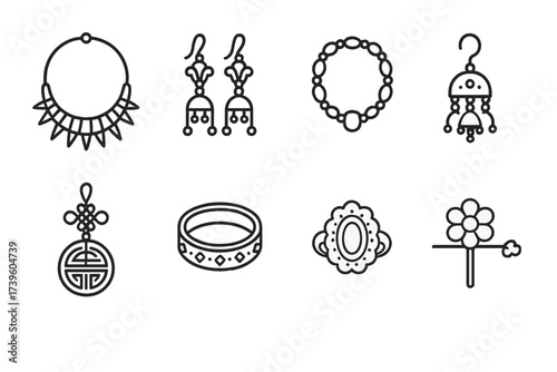 Cultural Jewelry Icons. Line style icons of cultural jewelry: tribal necklace, temple earrings, African beads, Indian jhumka,