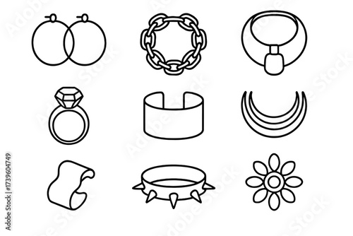 Bold Statement Jewelry Icons. Line style icons of bold statement jewelry: oversized hoops, chunky chain, dramatic collar, large