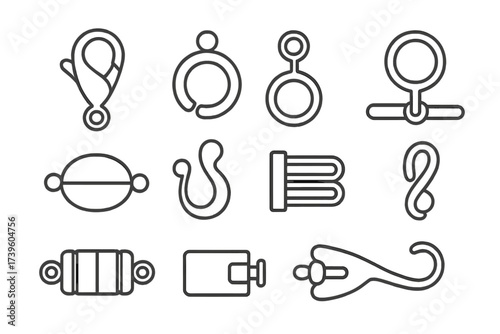 Clasp Mechanism Icons. Line style icons of clasp mechanisms: lobster clasp, spring ring clasp, toggle clasp, magnetic clasp, hook