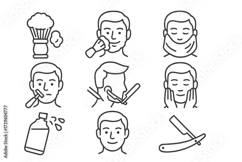 Shaving Icons Set. Line style icons of shaving process: lathering brush, foam application, hot towel wrap, razor stroke, neck