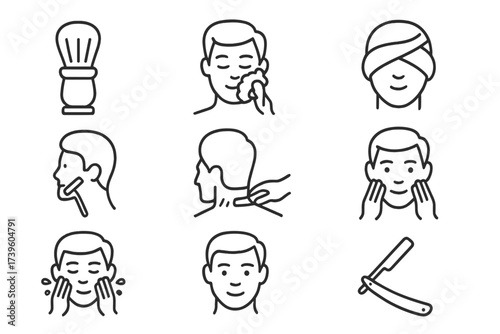 Shaving Icons Set. Line style icons of shaving process: lathering brush, foam application, hot towel wrap, razor stroke, neck