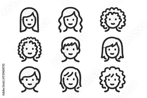 Hair Texture Icons. Line style icons of hair texture variations: straight hair, wavy hair, curly hair, coily hair, short crop,