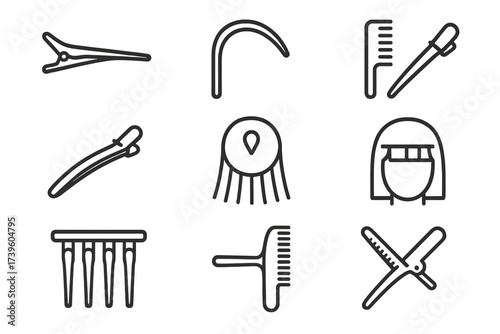 Hair Sectioning Tools Icons. Line style icons of hair sectioning clips and guides: duckbill clip, section divider, cutting guide