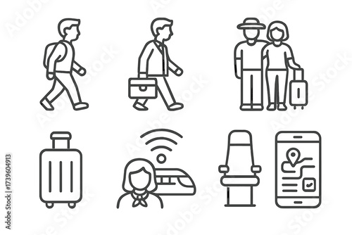 Hyperloop Icons. Line style icons of Hyperloop public use: daily commuter, business traveler, tourist couple, luggage icon,