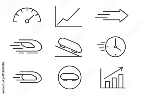 Hyperloop Performance Icons. Line style icons of Hyperloop speed and performance: max speed indicator, speed graph, velocity arrow