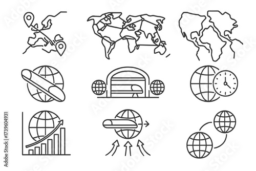 Hyperloop Global Connection. Line style icons of Hyperloop global reach: country connection map, world tunnel network, continent