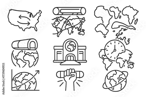 Hyperloop Global Connection. Line style icons of Hyperloop global reach: country connection map, world tunnel network, continent