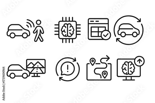 AV Learning Icons. Line style icons of AV learning and adaptation: behavior prediction, machine learning chip, data labeling, AV